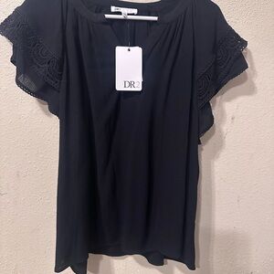 DR2 Women's Elegant Black Flutter Sleeve Blouse